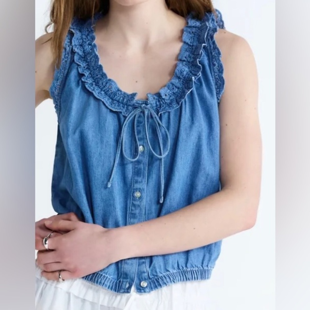 Free Assembly Eyelet Ruffle Sleeveless Chambray Top,